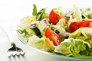 Salad on white ceramic plate HD wallpaper